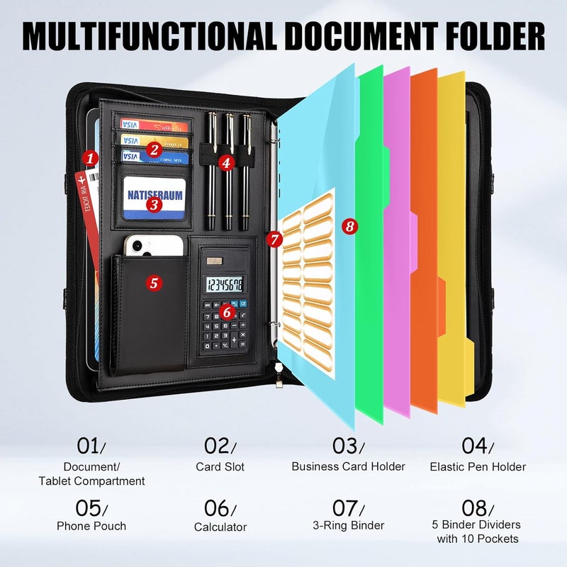 NATISERAUM Portfolio Binder 3 Ring Includes Pen and 5 Dividers with 10 Pockets, Padfolio Organizer with Zipper for Men and Women, Includes A4 Notepad for Business, School, Work - Image 2